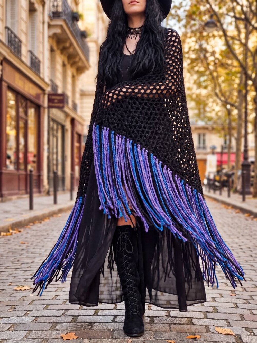 Boho Black with Royal Blue - Purple - Black Super Fringe Shawl